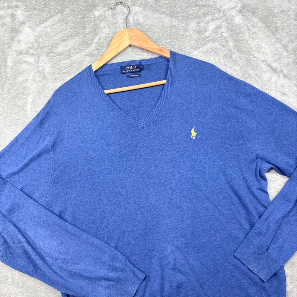 Polo Ralph Lauren Sweater Mens L Blue V-Neck Pima Cotton Yellow Pony Logo